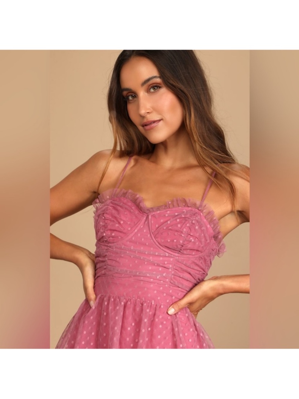 Lulu’s Sweetheart Style Mauve Polka Dot Bustier Tiered Midi Dress sz small - Picture 4 of 10